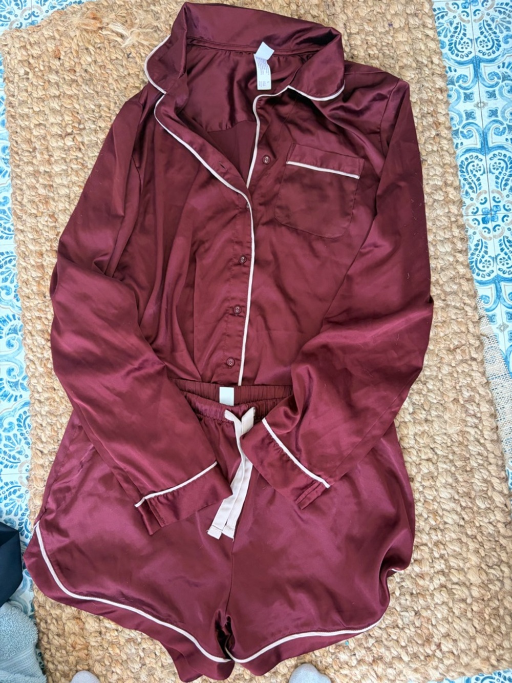 stars above Satin Pajama Set in Burgundy with Cream Trim